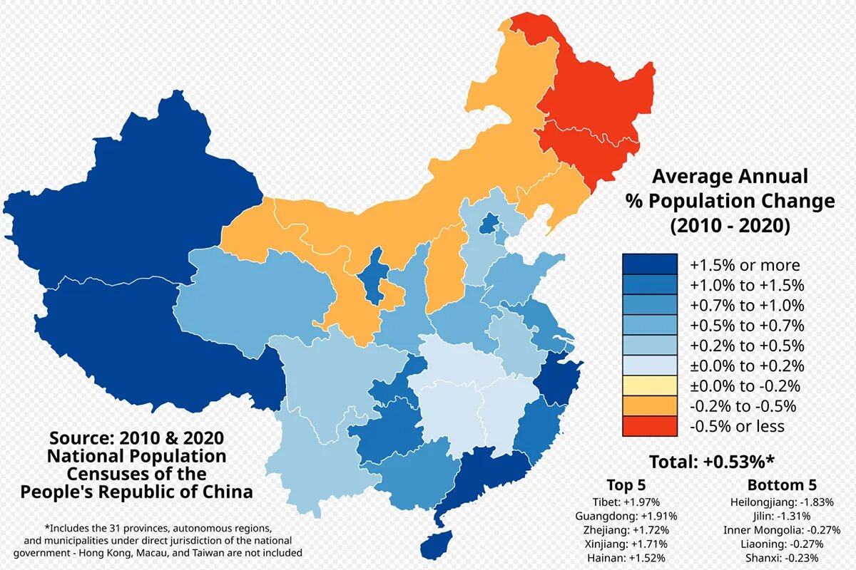 Среднегодовые темпы прироста населения в каждой китайской провинции в период с 2010 по 2020© ru.wikipedia.org