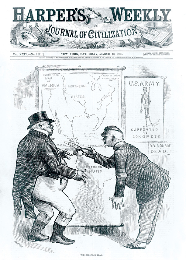 Джон Булль с одобрением наблюдает, как Франция бросает вызов доктрине Монро, и подчеркивает военную слабость США, планируя строительство канала в Панаме, из Harper's Weekly, 1880 год.