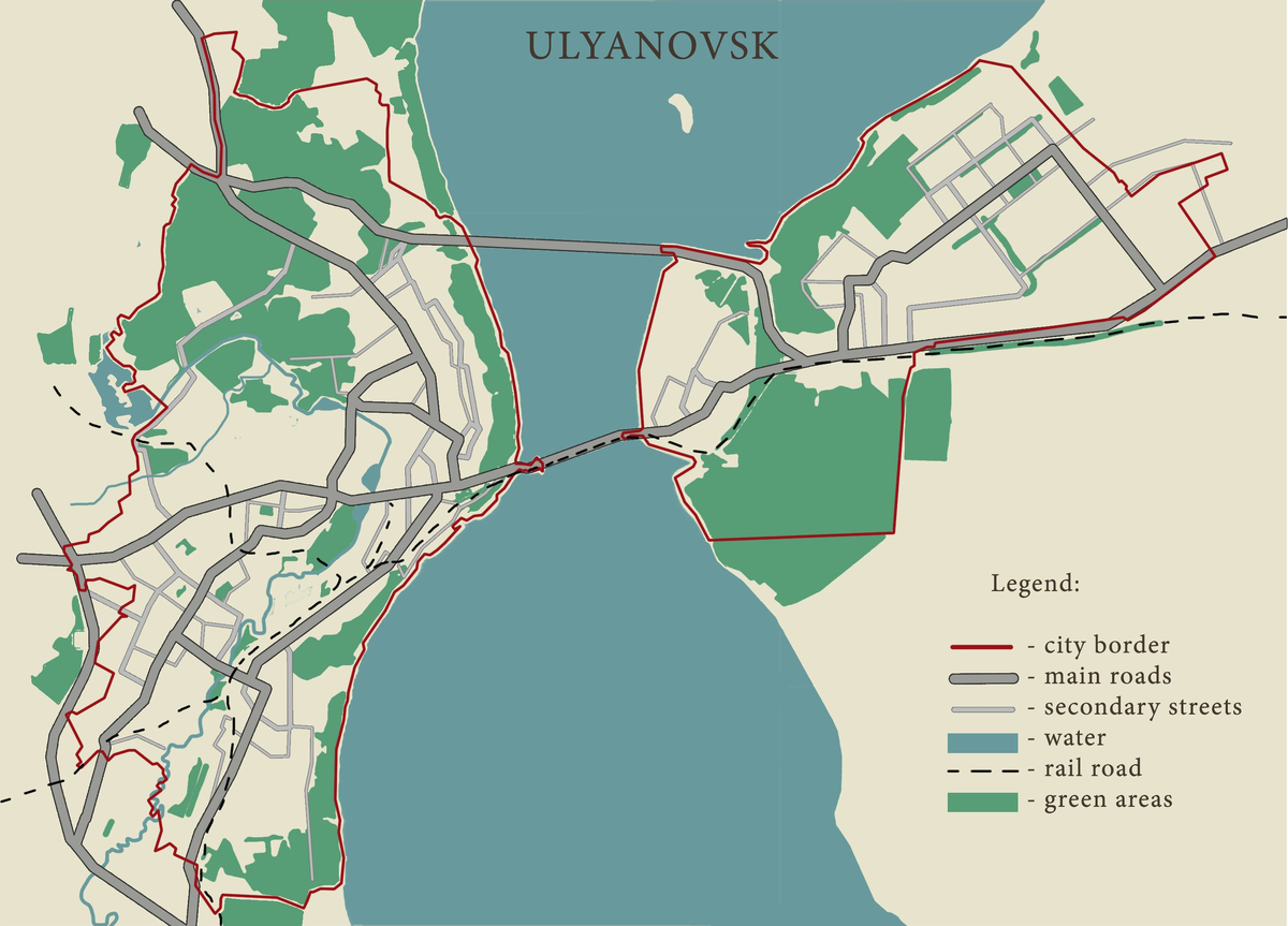 Карта города Ульяновска - и две ниточки, соединяющие берега
