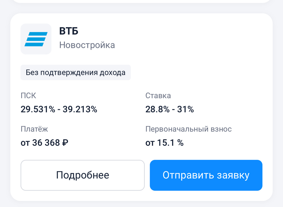 *Данные с официального сайта ВТБ