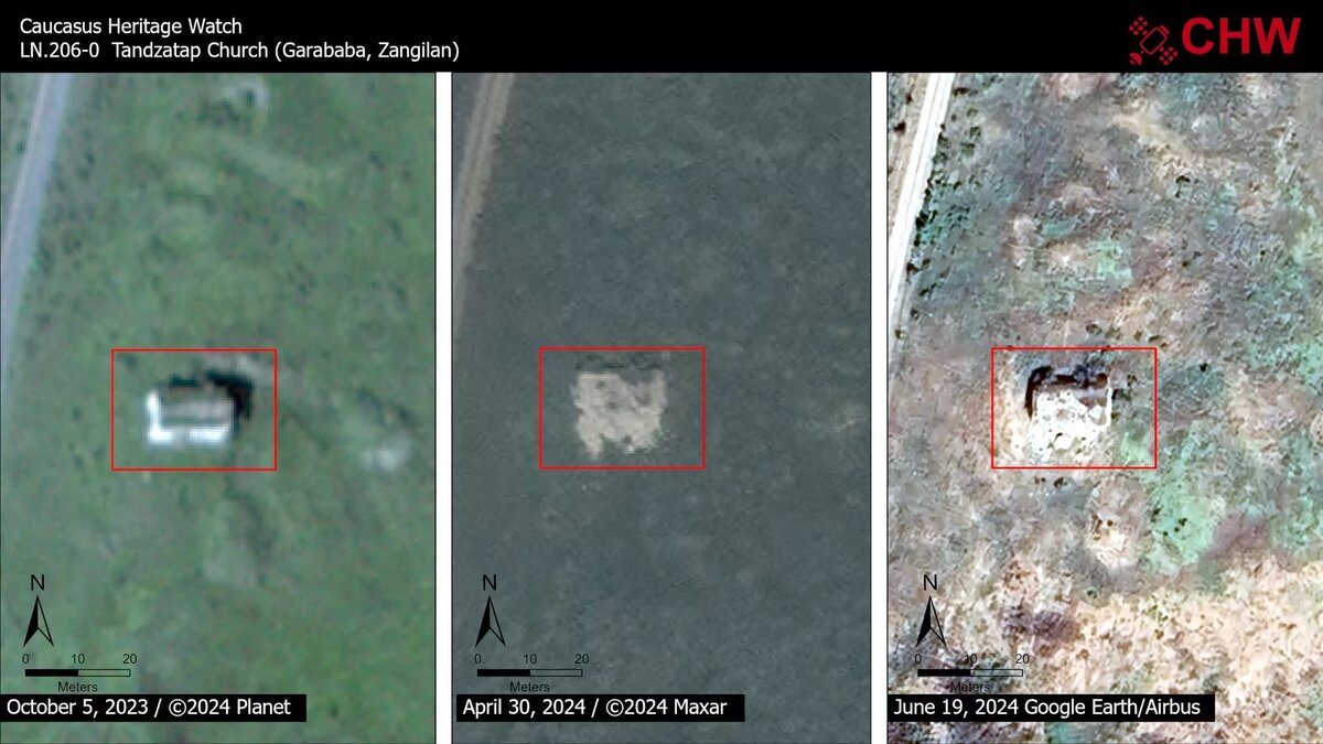 Спутниковые снимки показывают, что в период с 5 октября 2023 года по 30 апреля 2024 года церковь Тандзатап XIX века в Гарабабе, Зангилан получила большой ущерб © Photo : Caucasus Heritage Watch