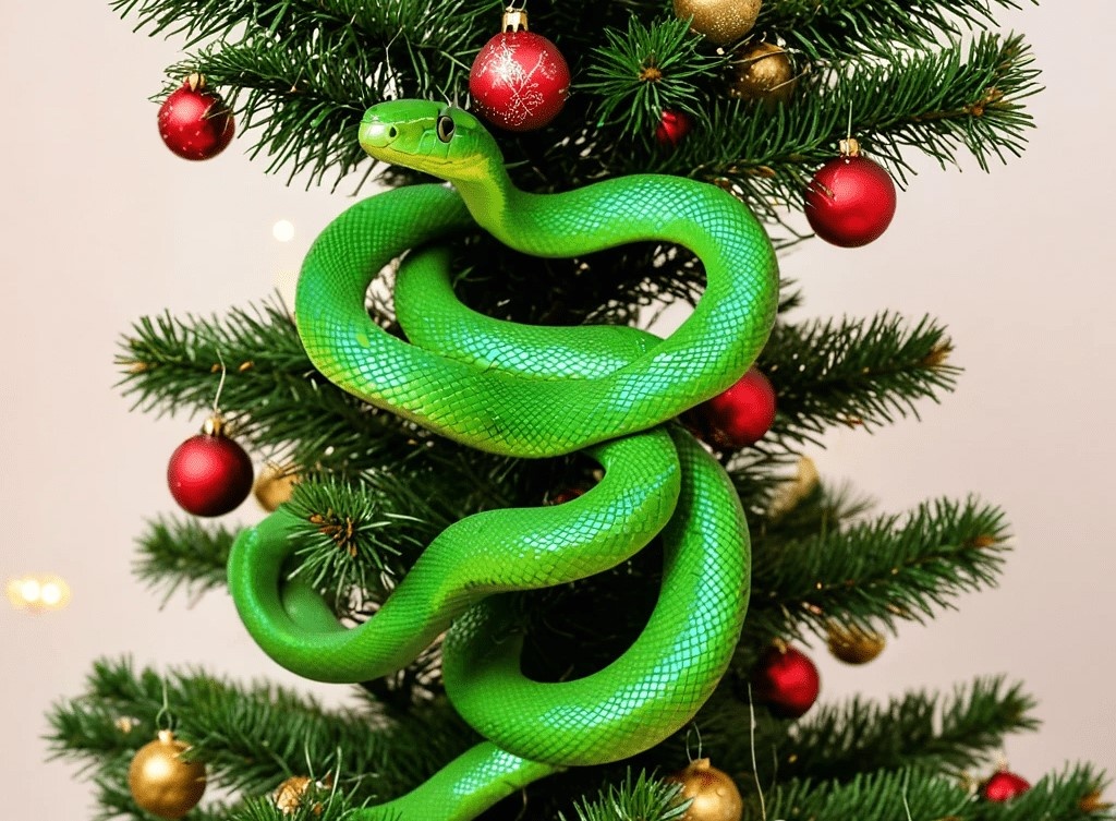 Зелёная змея на ёлке. Фото создано нейросетью 