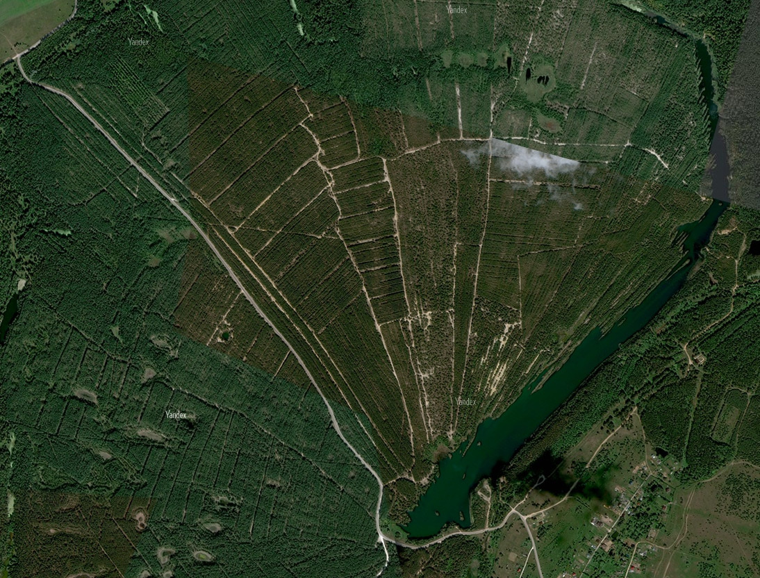 Вид одного из бывших карьеров со спутника. Озеро справа — бывший карьер. Светлые участки — песок. Заросшие отвалы юрских глин обычно располагаются ближе к воде.