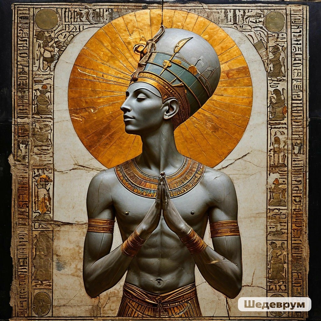 Эхнатон, на фоне солнечного диска Атона. Таким его увидела нейросеть Шедеврум. Создано в иллюстративных целях 