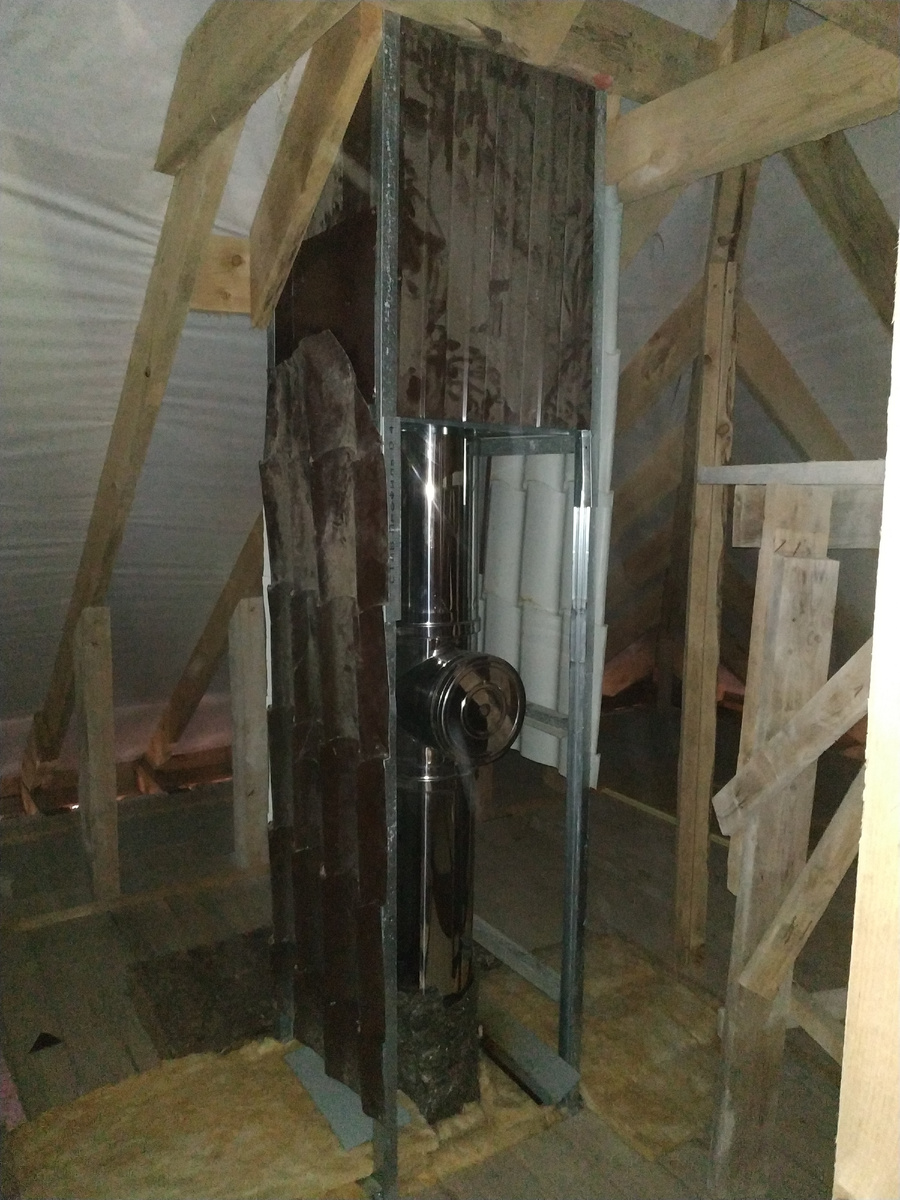 Ревизия дымохода на чердаке. При топке сухой берёзой в течение 5 лет дымоход до сих пор в идеальном состоянии. 