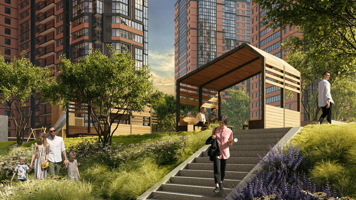 Внутренняя территория жилого комплекса «Рекорд»