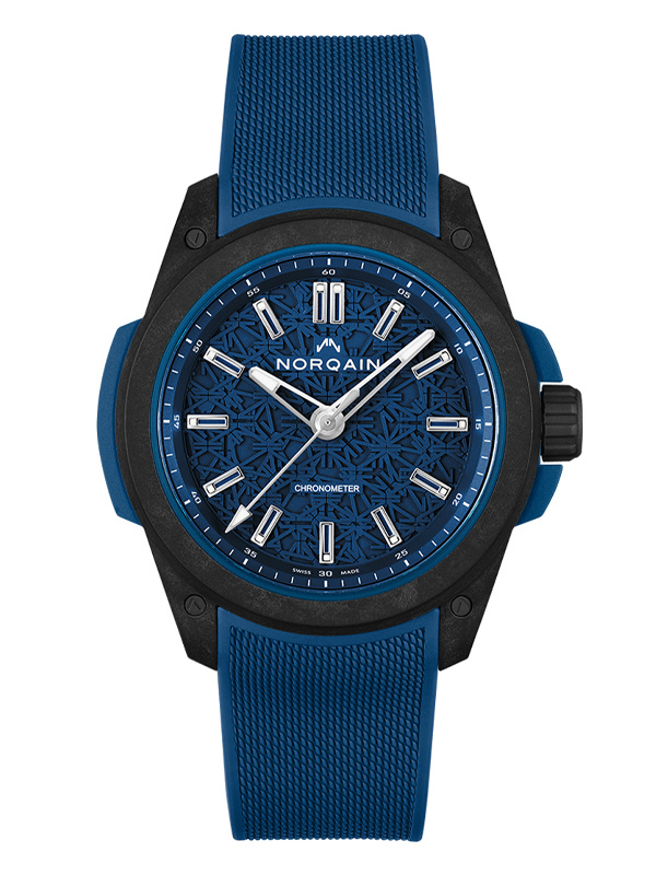 Часы Norqain Independence Wild One Blue в 42 мм корпусе из композитного углеродного материала с трёхслойным синим циферблатом с лазерной резкой и узором в виде мандалы