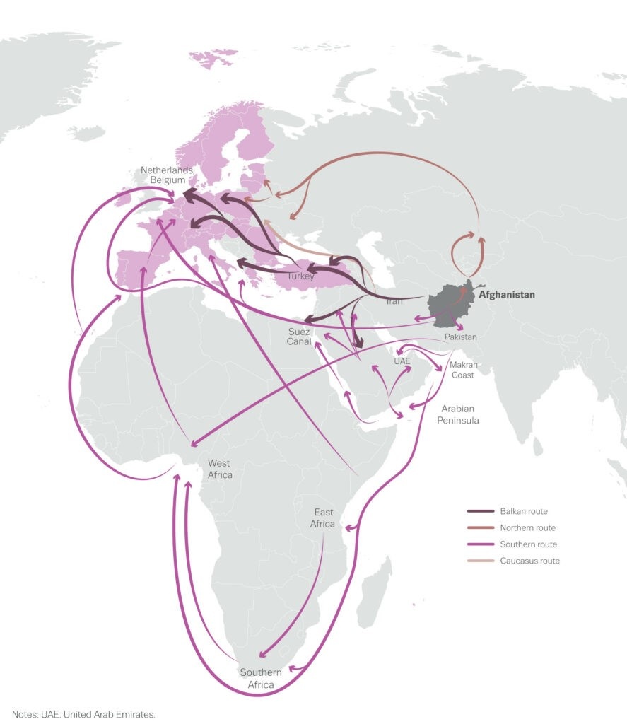 Рисунок 1: Известные маршруты торговли героином между Афганистаном и Европой. Источник: Агентство Европейского союза по наркотикам (EUDA)
