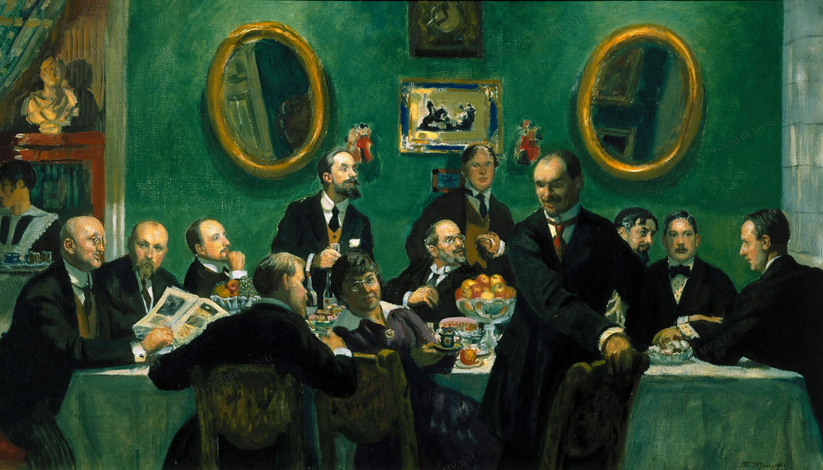 Б. Кустодиев, Групповой портрет художников общества «Мир искусства», 1920