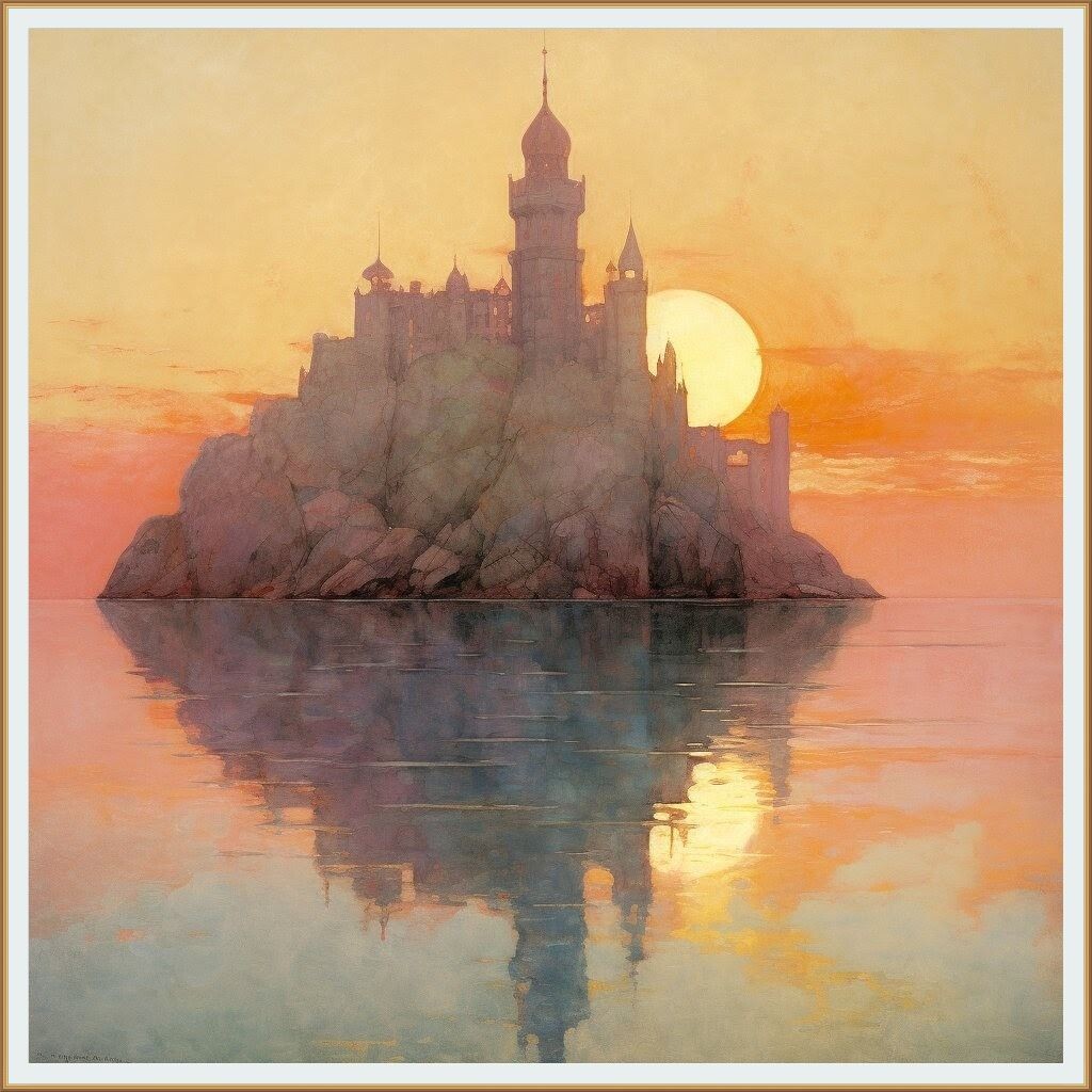 Создано Каору Ямада  / Kaoru Yamada Creation  под названием " ЗАМОК НА ОДИНОКОЙ СКАЛЕ В ЛУЧАХ ЗАХОДЯЩЕГО СОЛНЦА "