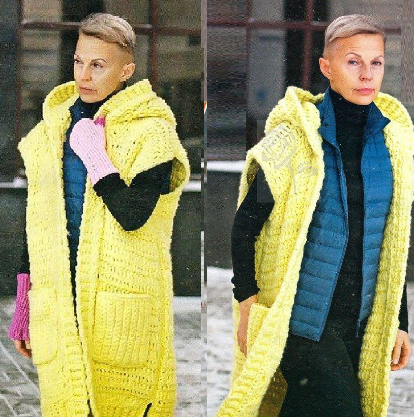 Стильный жилет с капюшоном, накладными карманами и боковыми разрезами