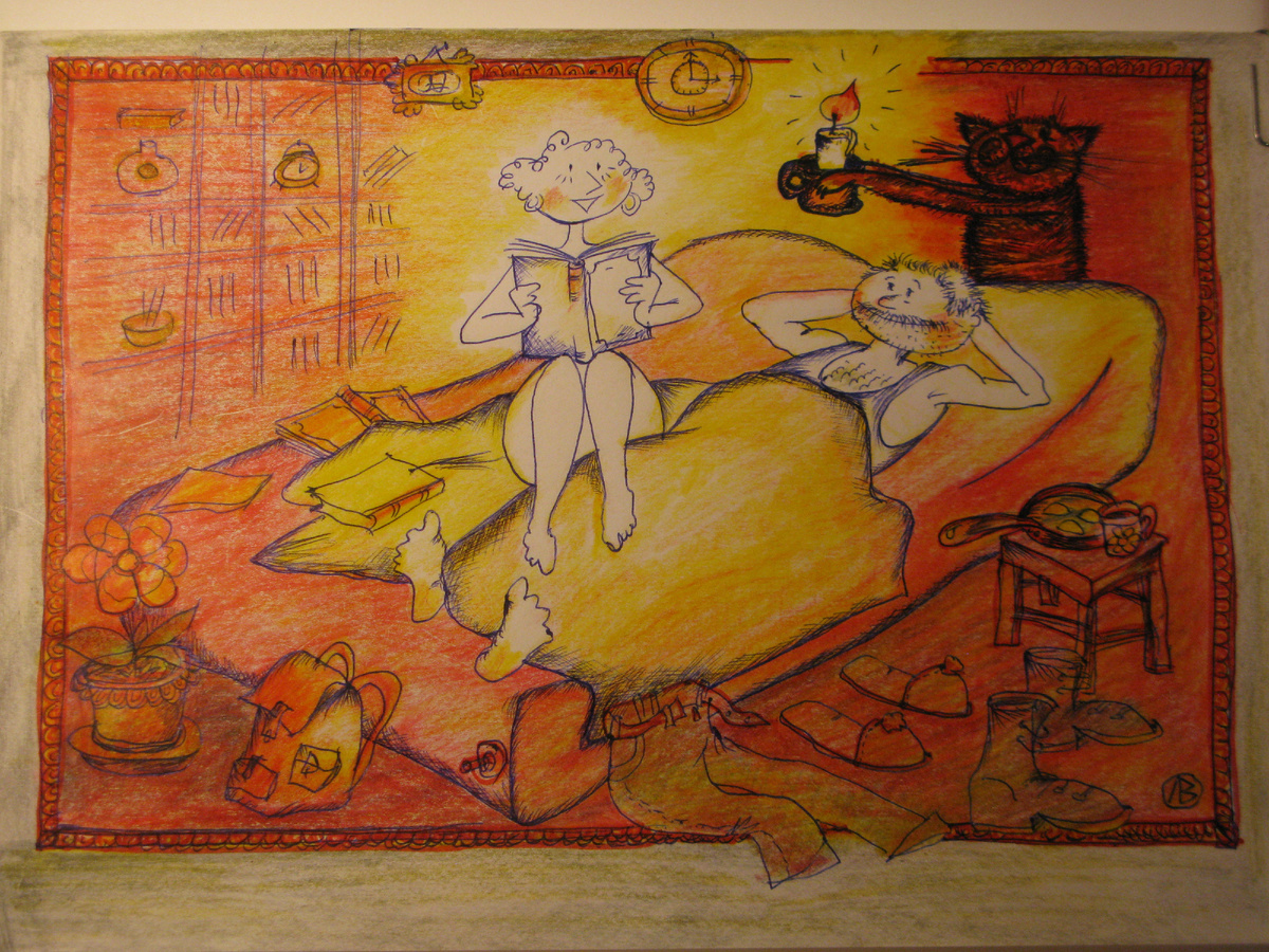 На ночь Оксана любила читать книжки вслух. Рисунок автора.