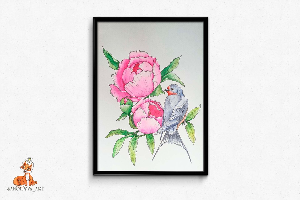 Марафон "Лепестки и перья", картина-постер : "Ласточка и пионы"