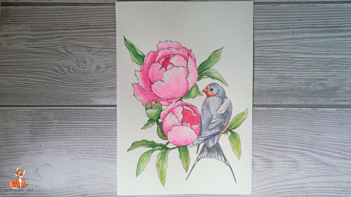 Марафон "Лепестки и перья", картина-постер : "Ласточка и пионы"