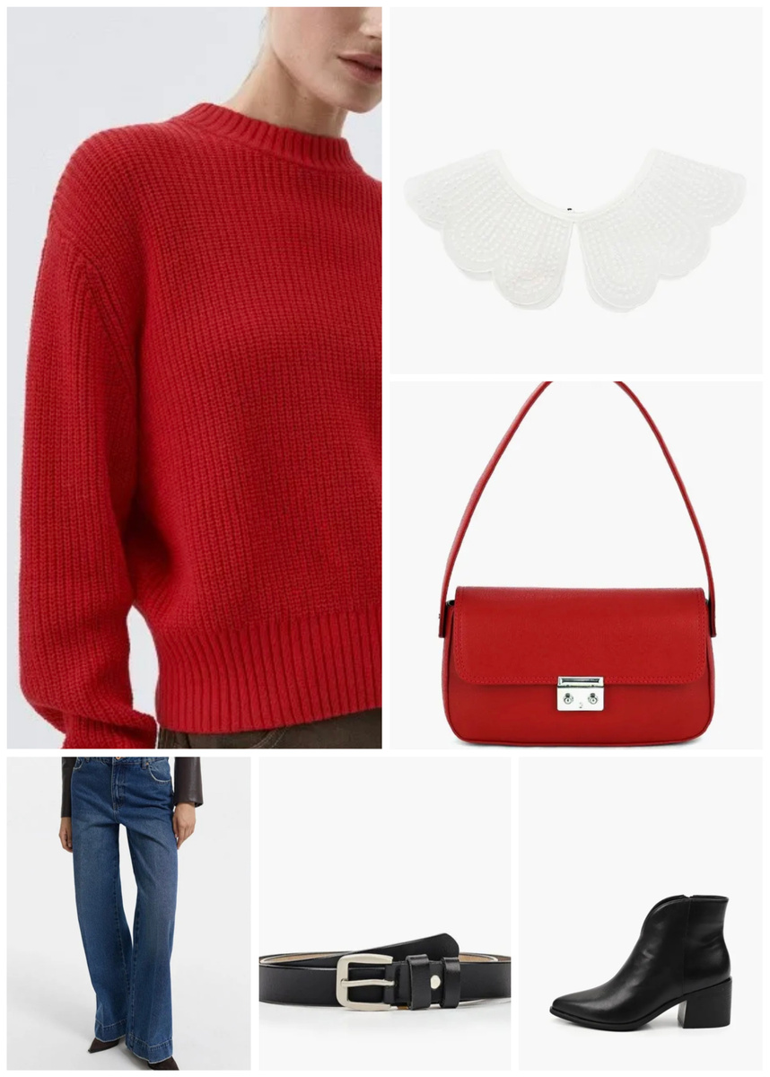 Красный, черный, белый и синий — классическое сочетание, которое всегда смотрится интересно. Если воротники не нравятся, то можно в качестве нижнего слоя добавить белую футболку. Вообще белая футболка нужна и зимой — это классный и стильный вариант наслоения.