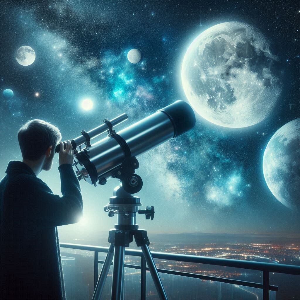 Юный астроном с увлечением наблюдает за звёздами через свой новый телескоп, открывая для себя тайны космоса в волшебную ночь.