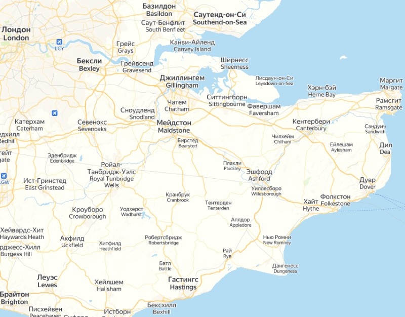 Кент на современных яндекс-картах. Мейдстон в центре, Дил на востоке.
