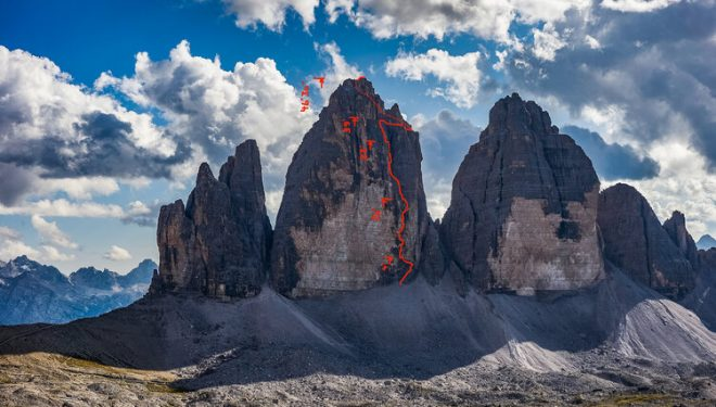 Эскиз маршрута Comici-Dimai a на Чима Гранде ди Лаваредо в сентябре 2019 года 