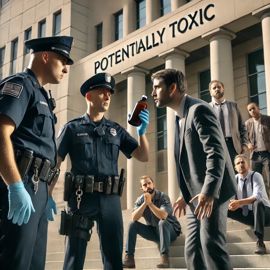 Картинка сгенерирована ChatGPT по запросу Нарисуй картинку как охранники у суда  приставам предъявлять требование отпить из бутылки с потенциально отравленным веществом