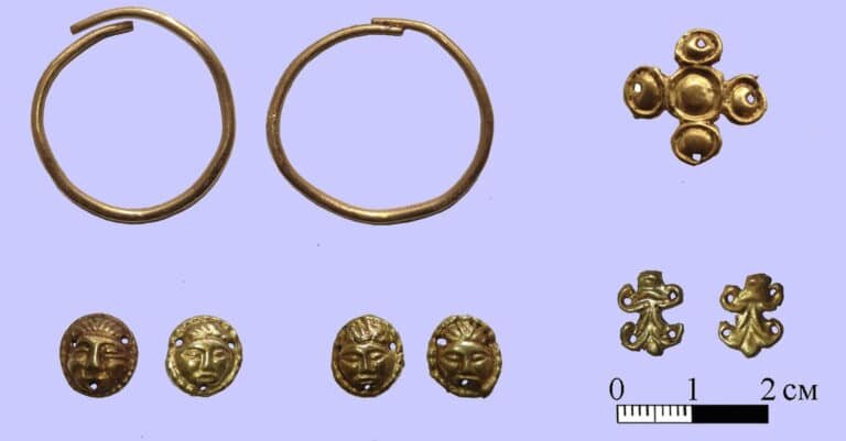 Находки из погребения: серьги и нашивки из золота / ©ИА РАН / Автор: Михаил Григорьев