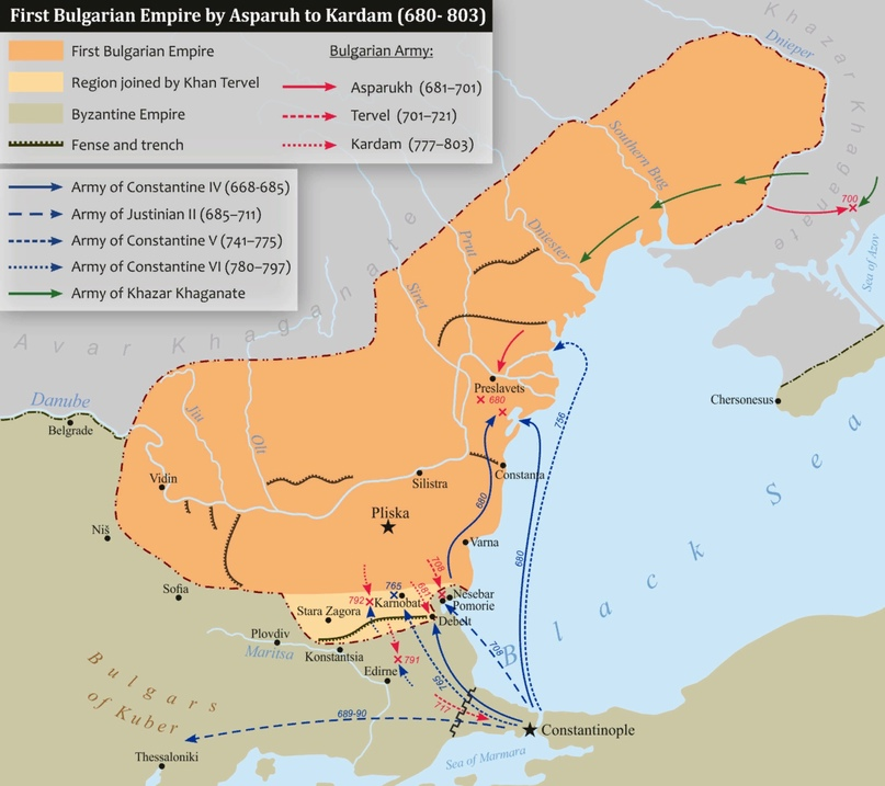 Дунайская Болгария в VII — VIII вв. На карте обозначены маршруты походов Константина VI 