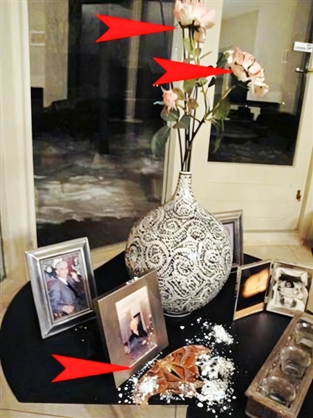 Столик с фотографиями умерших
родственников. Красные стрелки указывают на бабочку и обгоревшие розы