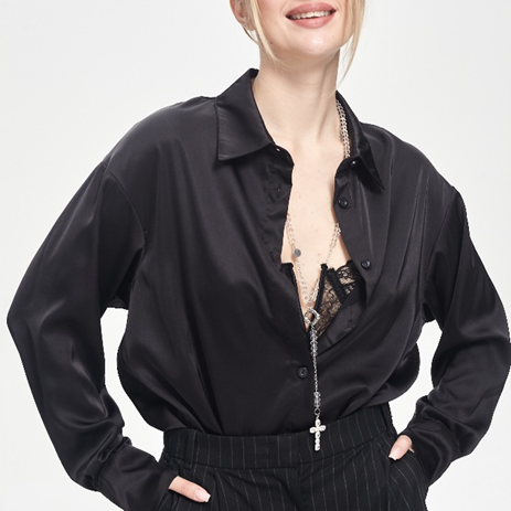 Черная шелковая рубашка от бренда ANUTINA (WB арт. 168763838, OZON арт. 1075227396)