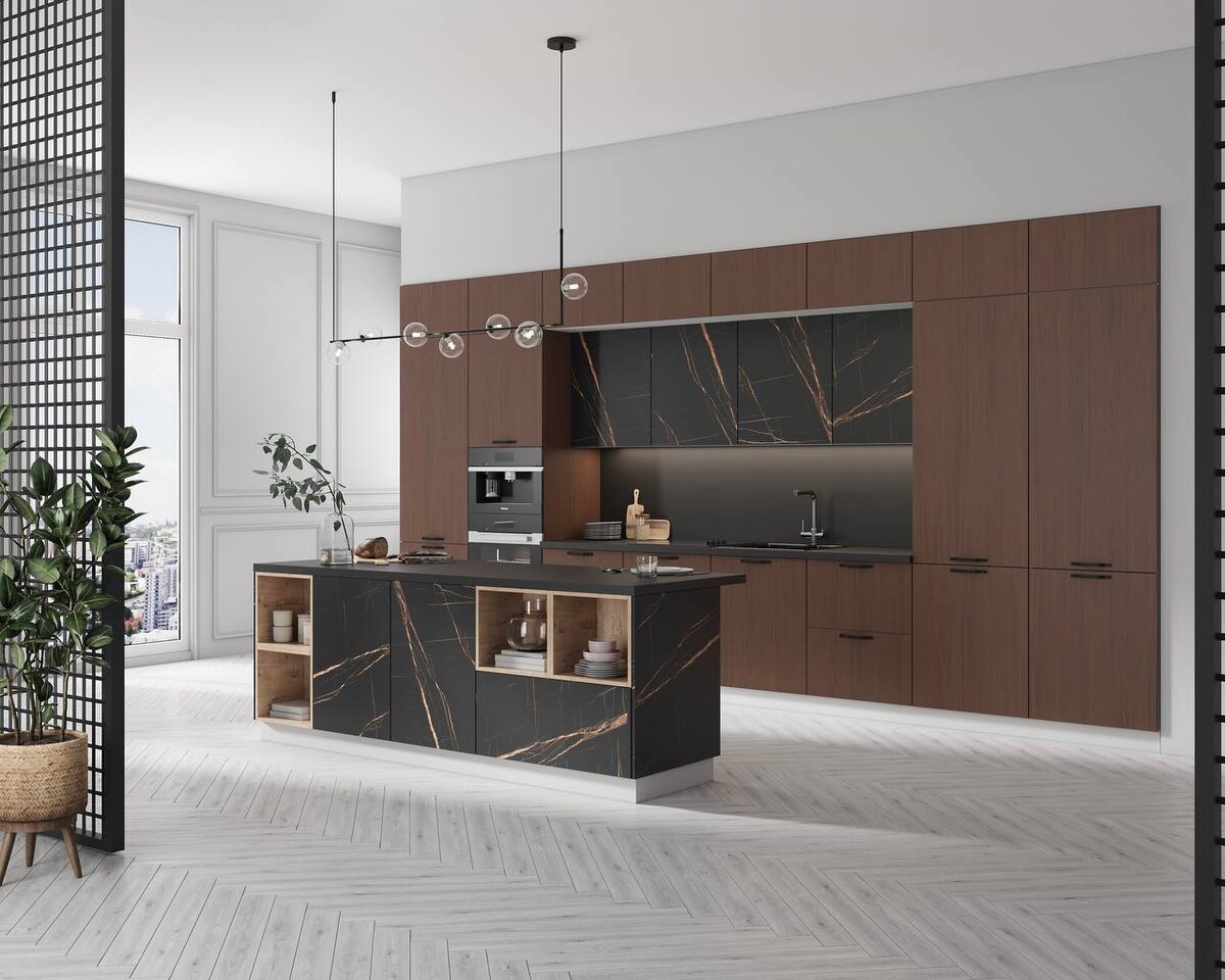 Модульная кухня "Ройс" в цвете Американский шоколад/ Кварц черный.