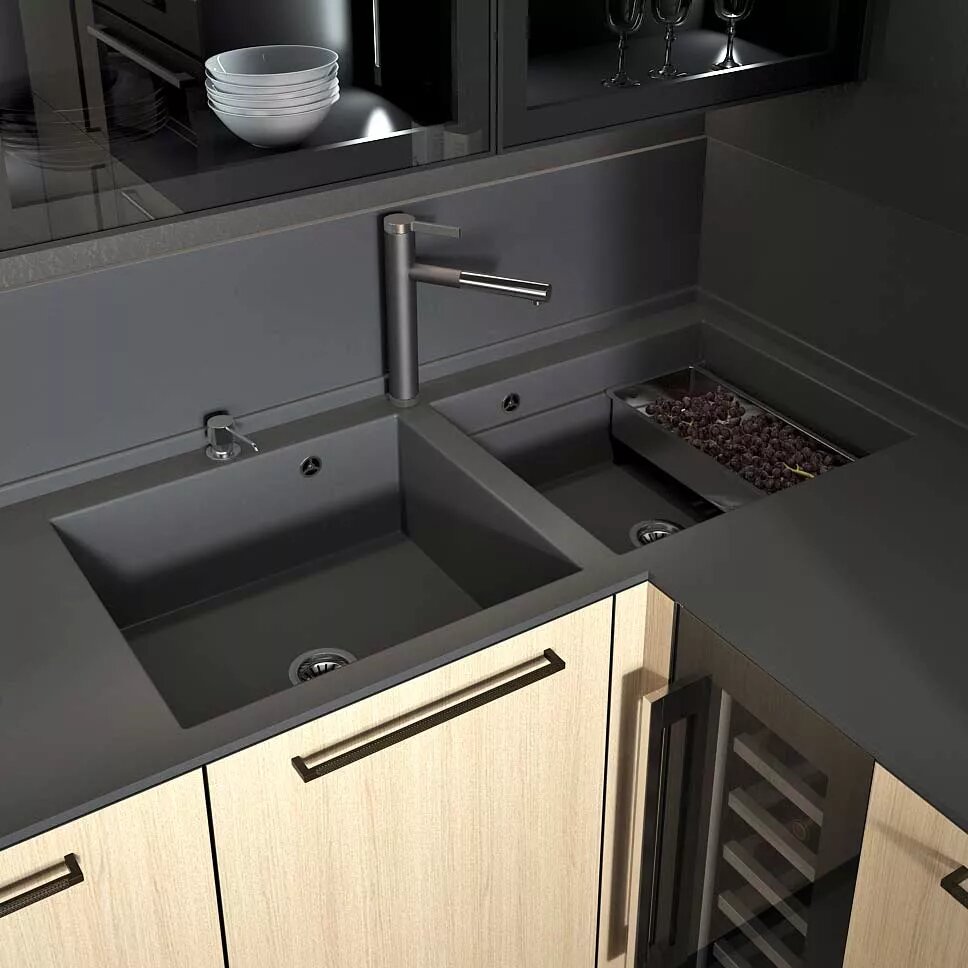 Столешница из искусственного камня не впитывает в себя жидкость, поэтому ее легко чистить. Особенное отличие этого материала — его «бесшовность»: при изготовлении столешницы сложной формы, со встроенной мойкой из искусственного камня стыки маскируются, и вся столешница выглядит единым элементом.