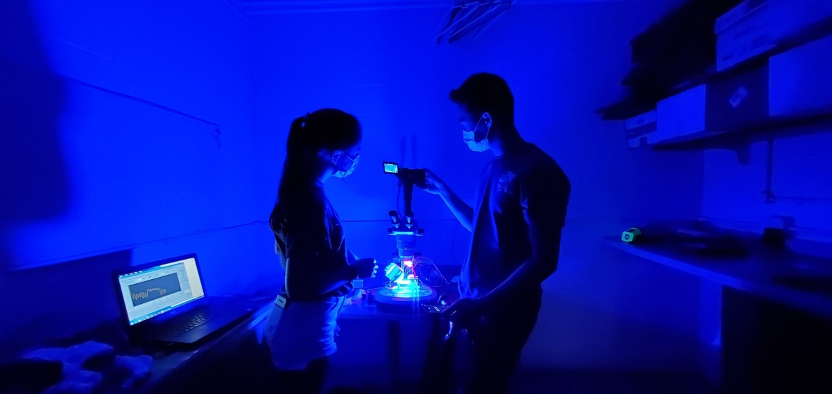 Софи Соннер и Джейди Серевит собирают данные о дыхании, пока образец кожи подвергается воздействию синего света для расширения хроматофоров. 