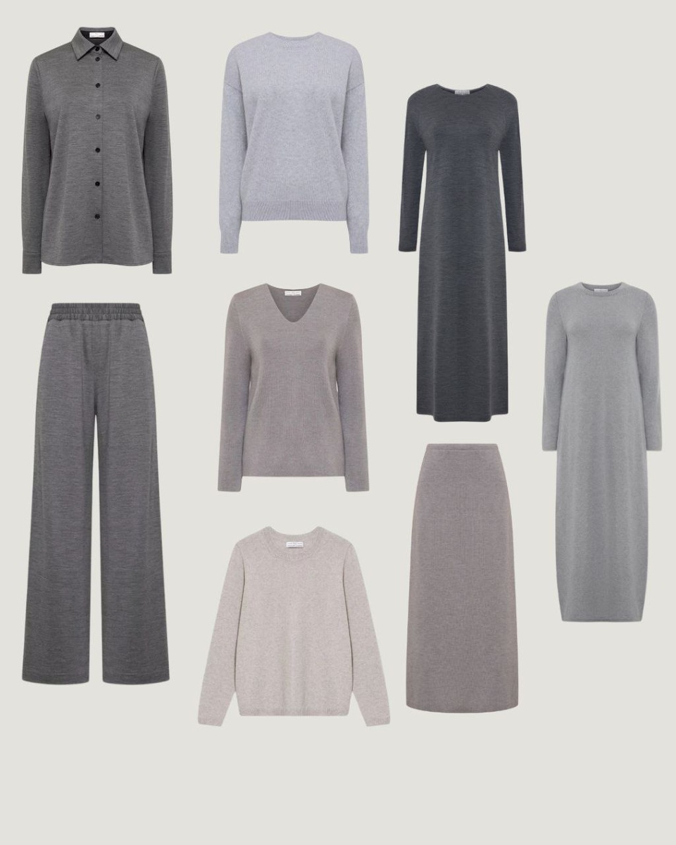 в VC разные изделия от платьев до брюк и джемперов в оттенках серого. https://vasilisav.com/