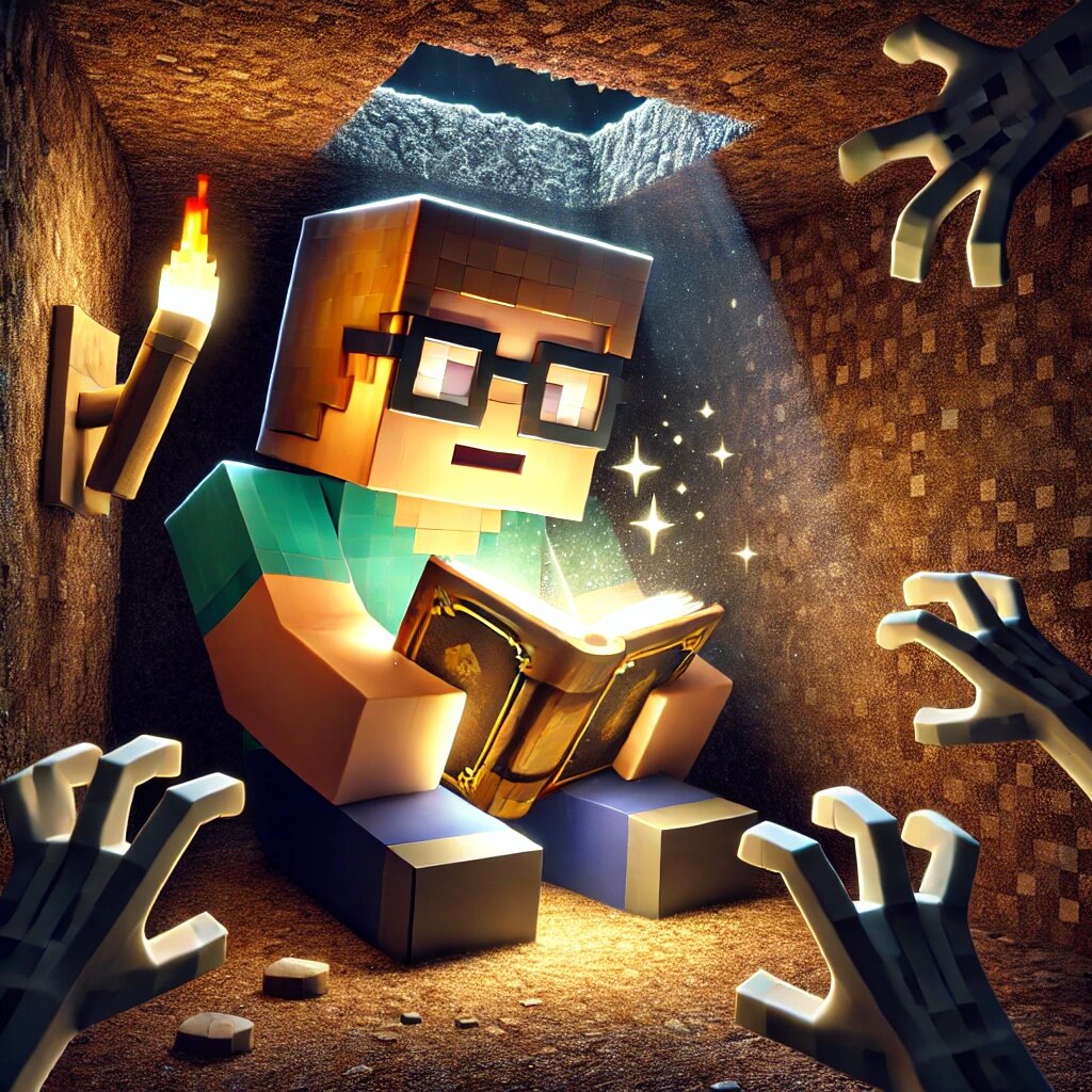 Вилл сидит в своей тесной земляной хижине, освещенной факелом, держа книгу с магическим светом