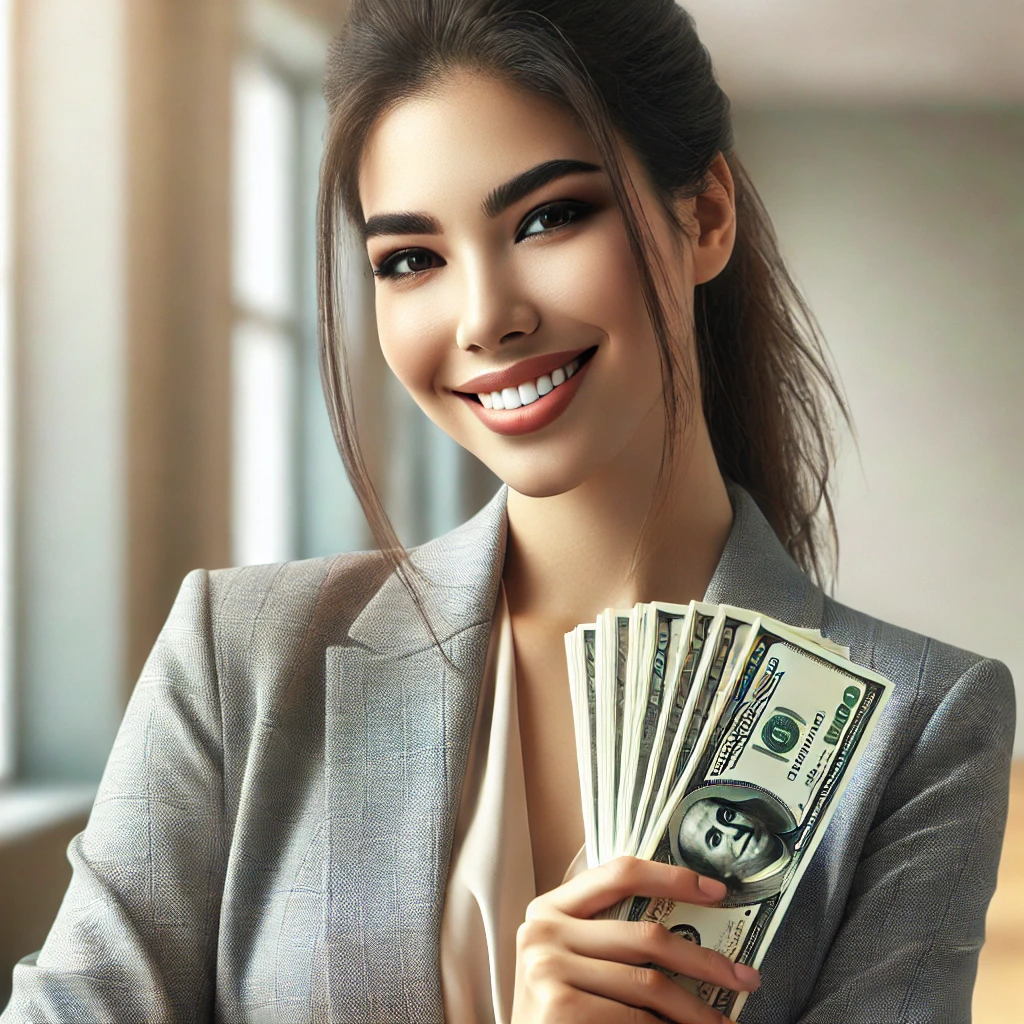 Изображение женщины, излучающей уверенность, финансовую свободу и держащей деньги.