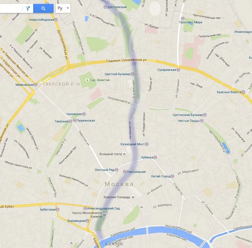 Примерное русло Неглинки на карте Москвы