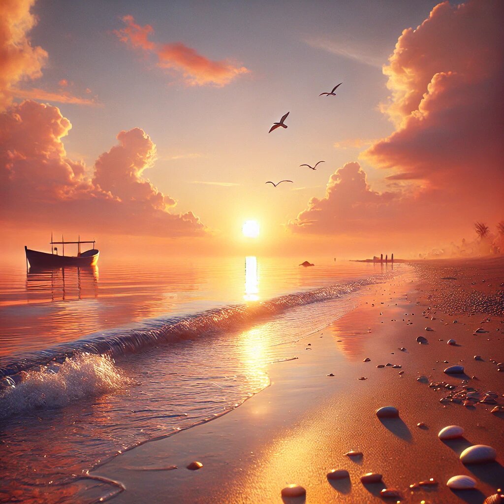 Теплый закат над спокойным морем: мгновение гармонии и тишины у кромки воды.