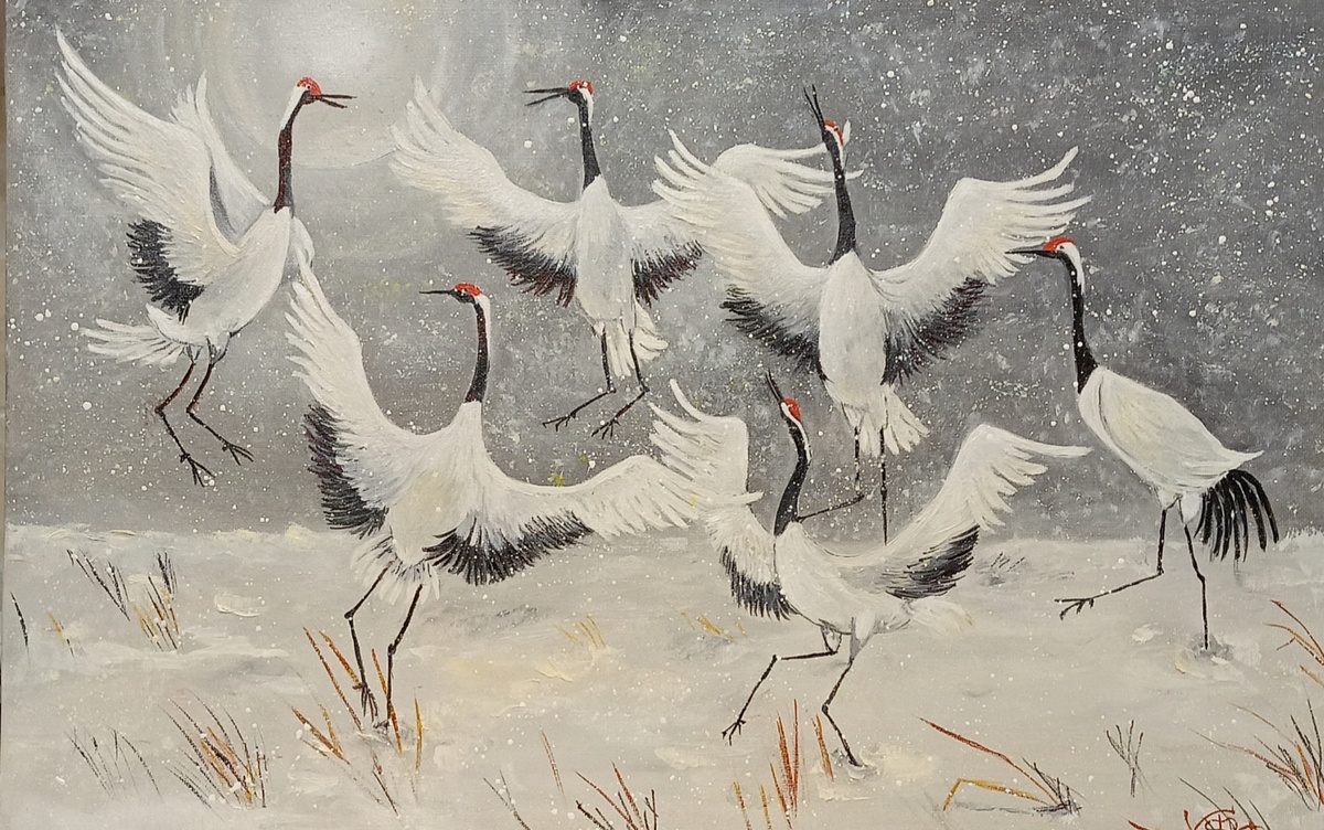 Холст на картине масло 40х60 " Журавли и солнце "