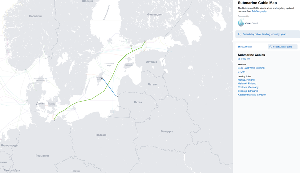 Поврежденные подводные кабели на схеме