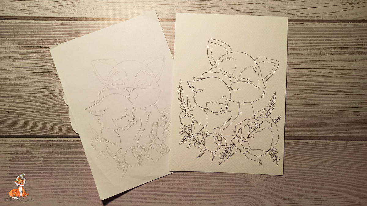 Набросок на бумаге и ее перенос на акварельую бумагу + уже готовый лайн