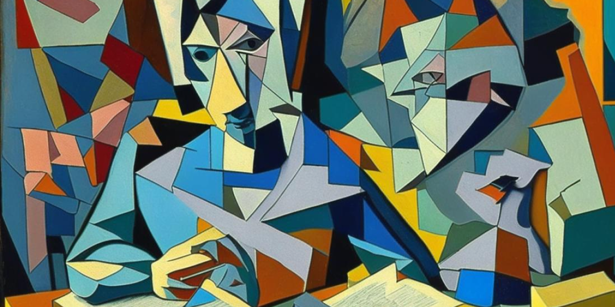 Сгенерированное изображение. Нейросеть: ruDALL-E. Запрос: «искусственный интеллект делает домашнее задание». Стиль: Пикассо