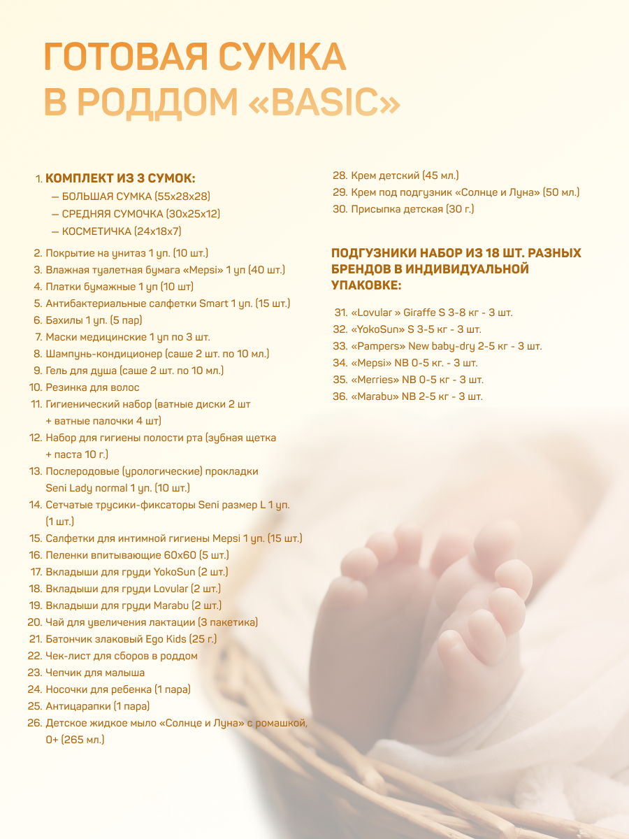 Комплектация готовой сумки в роддом Чижик-Пыжик