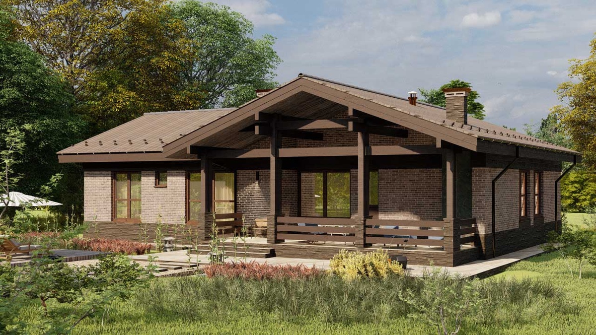 Фасады дома приближены к стилю шале. Облицовка стен - кирпич, низ - камень, детали фасадов и терраса выполнены в деревянных конструкциях.