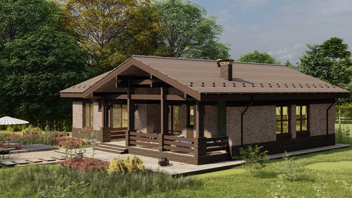 Фасады дома приближены к стилю шале. Облицовка стен - кирпич, низ - камень, детали фасадов и терраса выполнены в деревянных конструкциях.