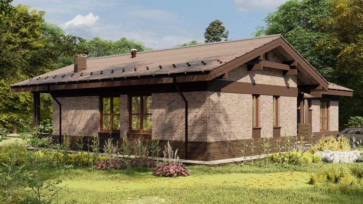 Фасады дома приближены к стилю шале. Облицовка стен - кирпич, низ - камень, детали фасадов и терраса выполнены в деревянных конструкциях.