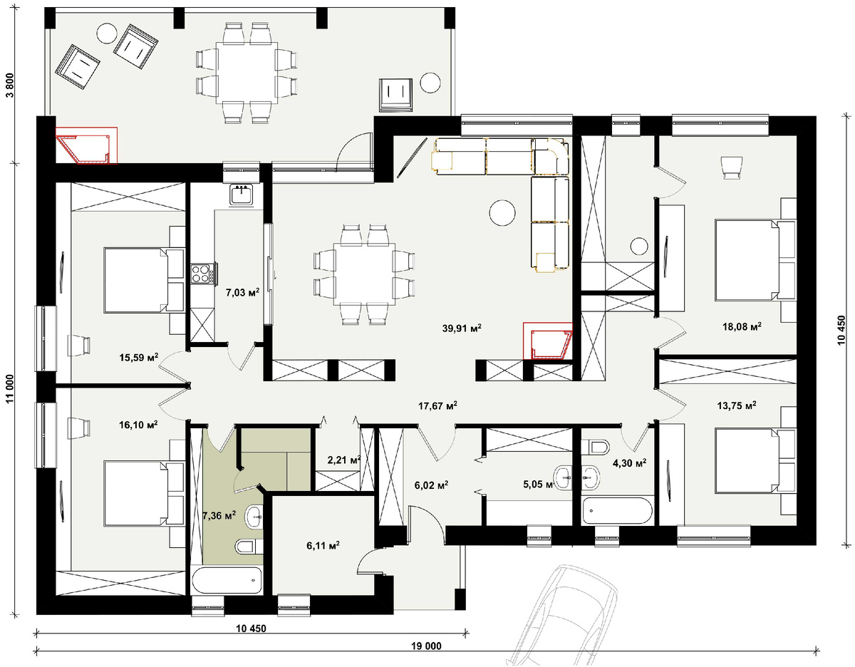 Например (предложение читателей) можно дополнить один из санузлов небольшой сауной.