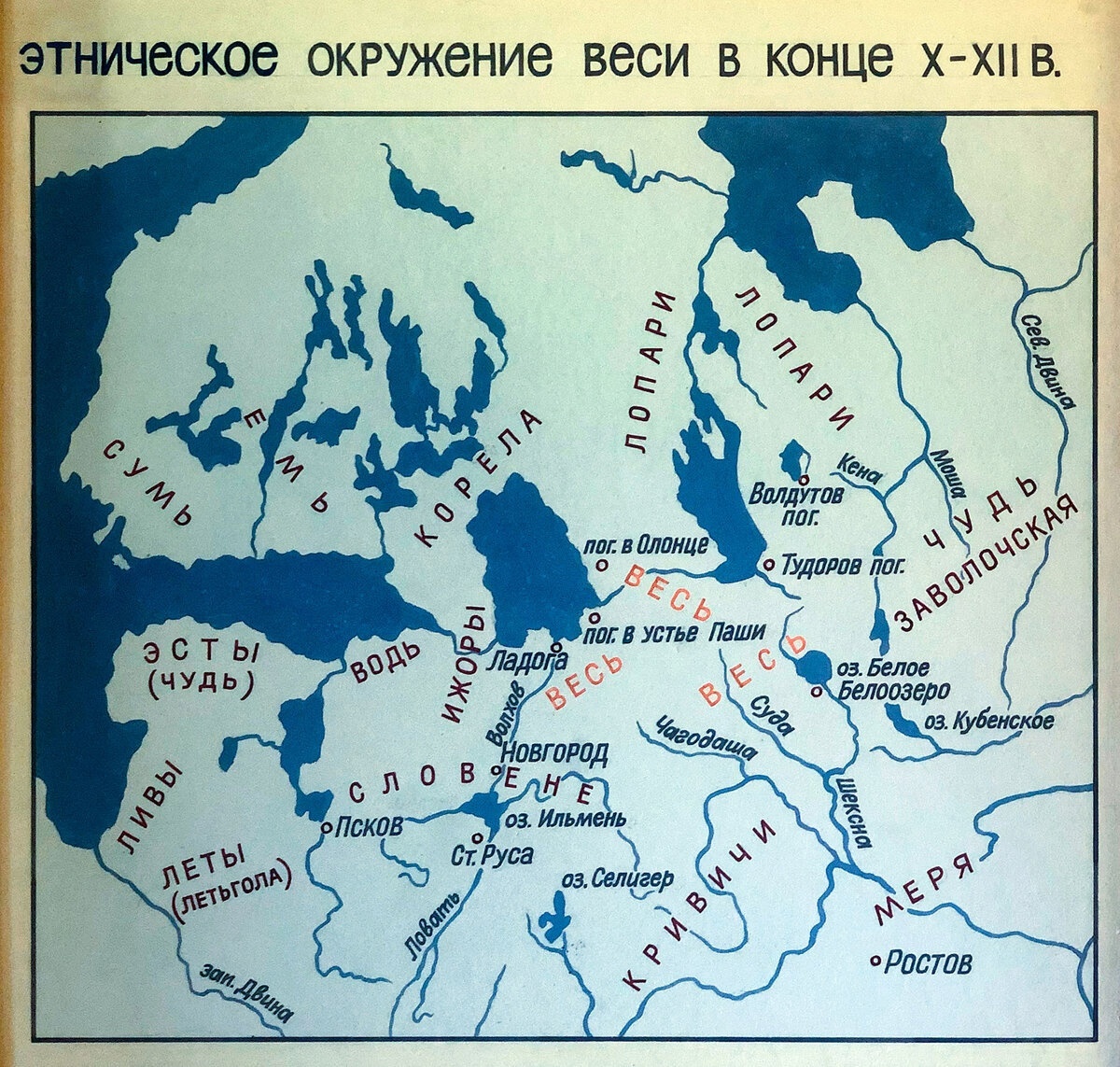 Схема расселения финно-угорский племен на Руси. Такая карта висит на входе в Музей Вепсского быта в пос. Курба. Фото заимствовано из открытых источников.