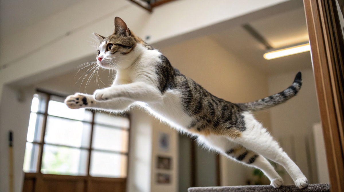 Кошка приземляется на лапы при прыжке