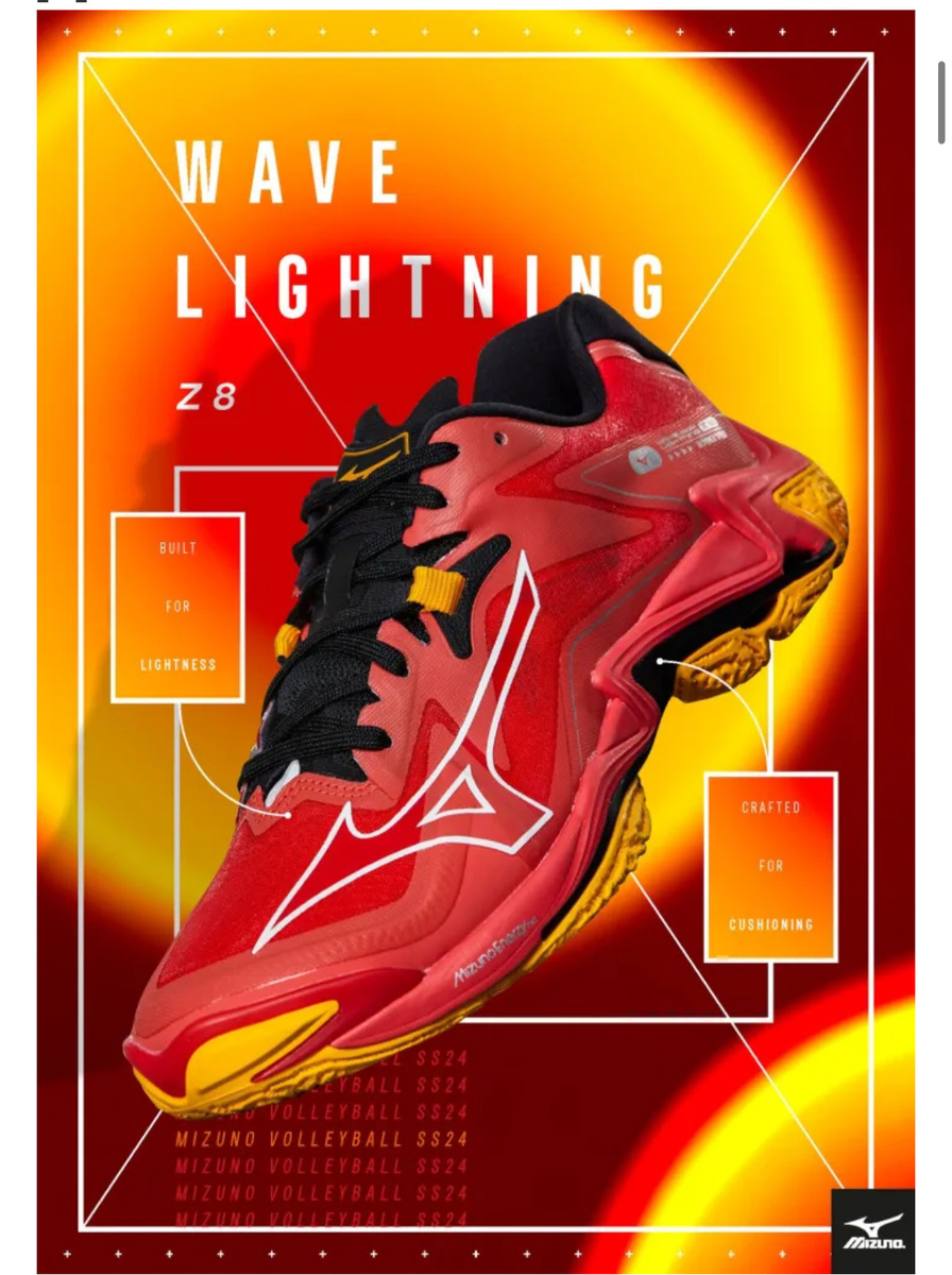 В 2024 году Mizuno представила обновленную модель волейбольных кроссовок — Mizuno Wave Lightning Z8. Эти кроссовки сочетают в себе новейшие технологии, обеспечивая максимальную производительность, комфорт и поддержку. Они идеально подходят для игроков, стремящихся к высоким результатам на поле.

Основные характеристики и технологии:

MIZUNO ENERZY NXT/SOCKLINER: Поддерживает высокие прыжки благодаря отличной амортизации и возврату энергии.
MIZUNO WAVE: Новейшая структура расширена в передней части стопы, обеспечивая максимальную поддержку при прыжках и повышая стабильность.
Dyna-Eyelet Wrap: Конструкция с большими вырезами в области ушек обеспечивает плотную посадку, улучшая контроль движений и стабильность.
Моноволоконная сетка: Легкая и воздухопроницаемая, поддерживает прохладу и комфорт во время интенсивных нагрузок.
Закругленная конструкция пятки: Поддерживает прыжковые движения и улучшает устойчивость при резких маневрах.
Дополнительные преимущества:

Легкий вес: Средний вес модели составляет всего 300 грамм, что делает их одними из самых легких на рынке.
Иконка производительности: MIZUNO Wave Lightning Z8 обеспечивает стабильность и пропульсивную силу для высоких прыжков с мягкостью и уверенностью.
Универсальность: Предлагаются в высоком и низком вариантах, подходящих как для мужчин, так и для женщин.
