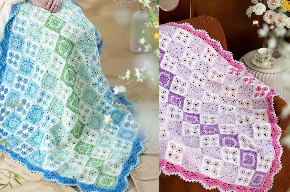 Нежный плед крючком из мотивов