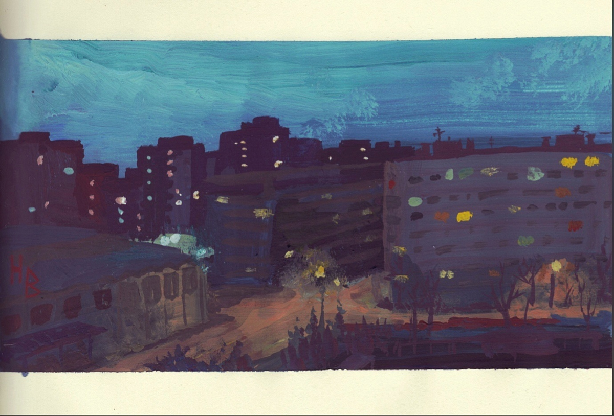 Набросок темперой без эскиза, "Цветные пятна ночного города"