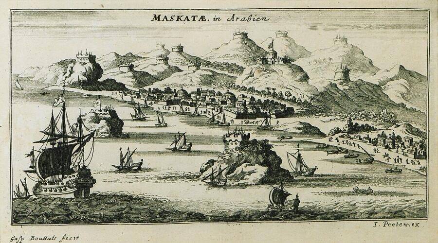    Город Маскат столица Оманской империи. Французская гравюра 1690 года Фото: Jacob Peeters, общественное достояние